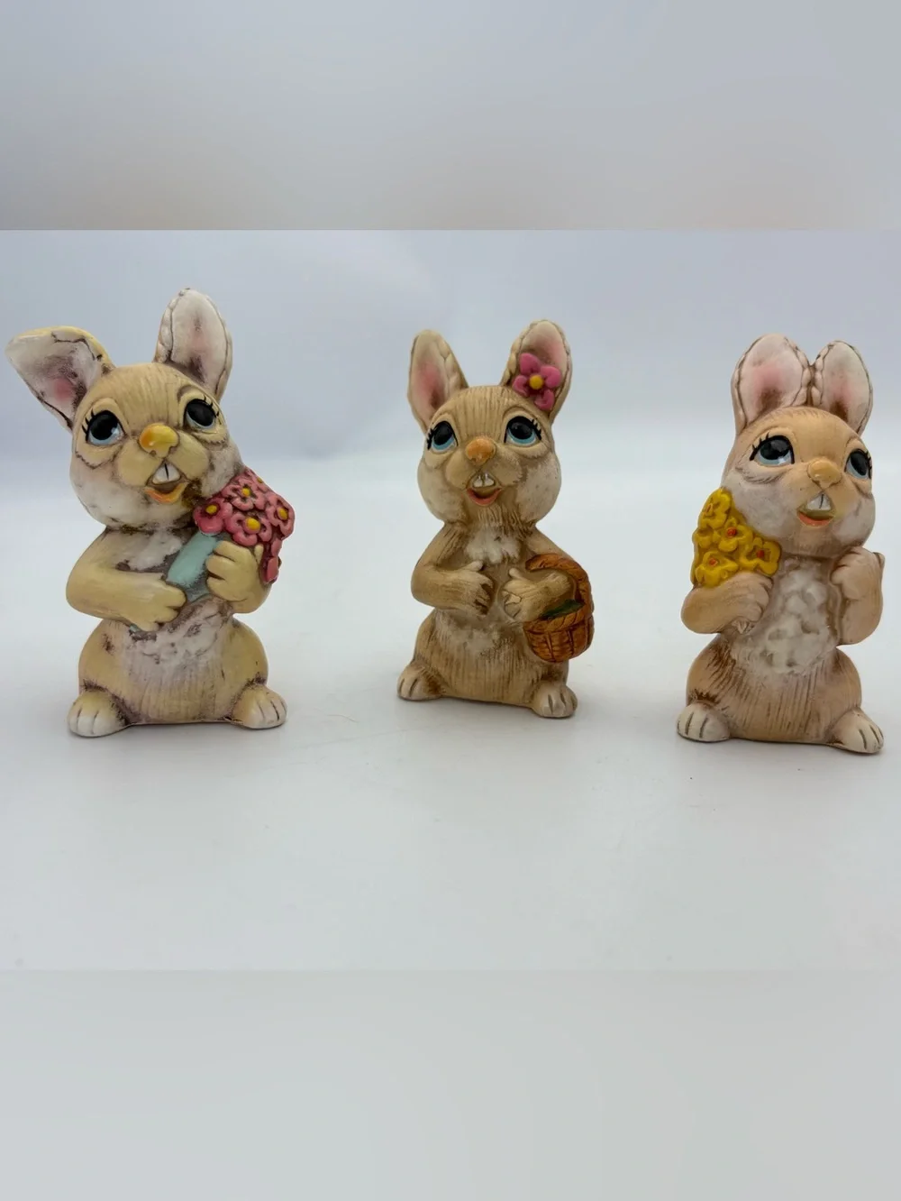 Vintage Norleans Decorative Bunny Figurines with Flower Accents - Set of 3